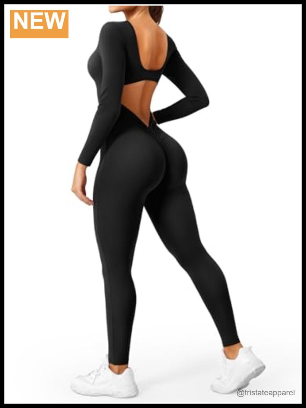 Women's Long Sleeve Open Back Scrunch Butt Jumpsuit Workout Bodysuit